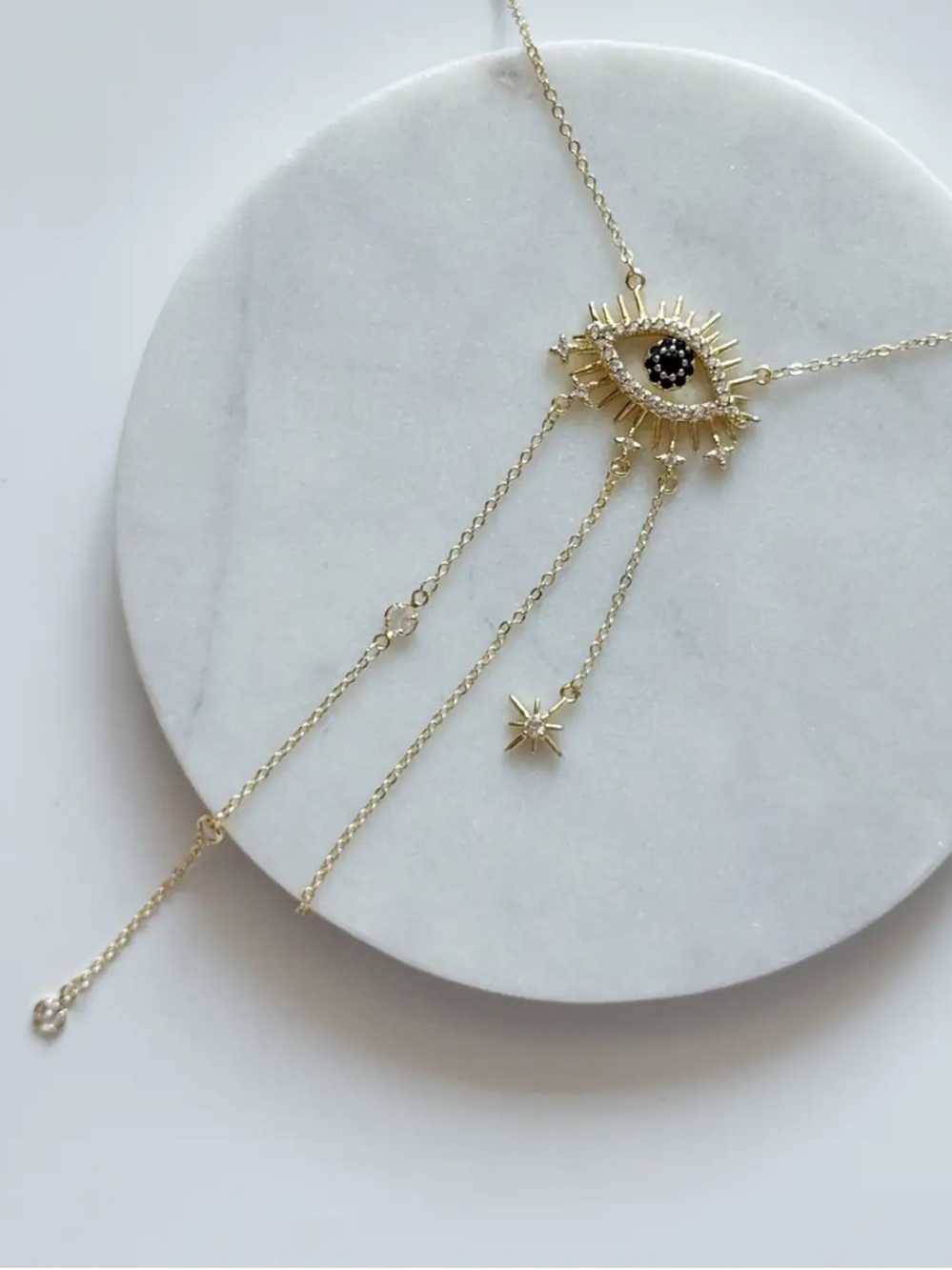 Gold Evıl Eye Lariat Pendant Necklace w Dangling Star Charms